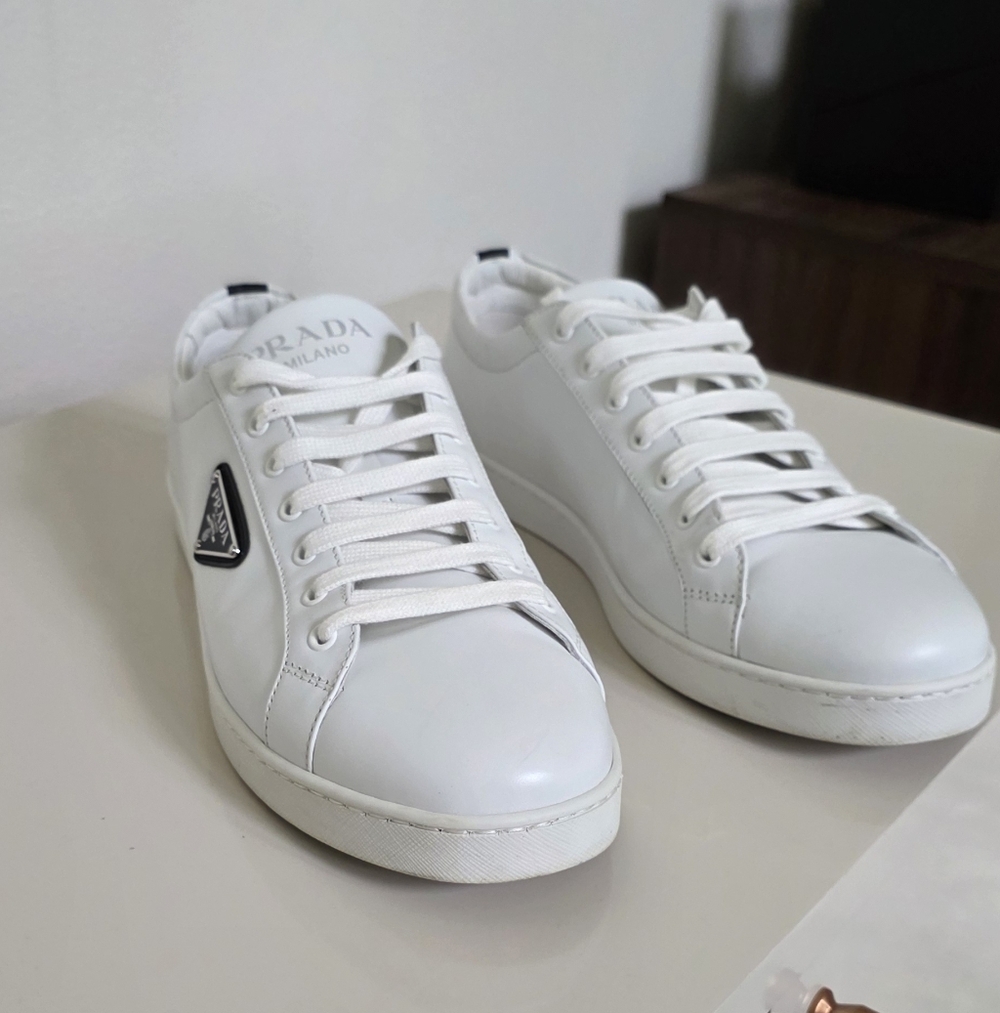 PRADA Brushed Leather Sneaker White Cobalt Blue - 2EE376 - Size 10 PRADA - clean